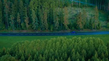 Orman yakınlarındaki yeşil arazide düz yolda giden bir araba. Mavi SUV, açık havada kuru asfalt yolda ilerliyor. Otomobil sık ormanlık ve açık arazinin yanında kırsal yolda seyahat ediyor.