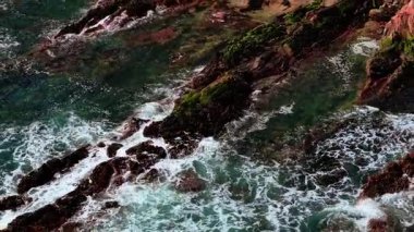 Kıyıya yakın yosun kaplı kayaların etrafında dönen dalgalar. Sığ sularda kırmızı taş oluşumlarının üzerine deniz sıçrıyor.