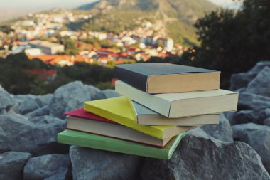 Taş duvardaki kitaplar. 