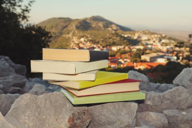 Taş duvardaki kitaplar. 