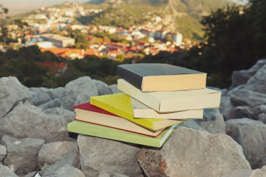 Taş duvardaki kitaplar. 