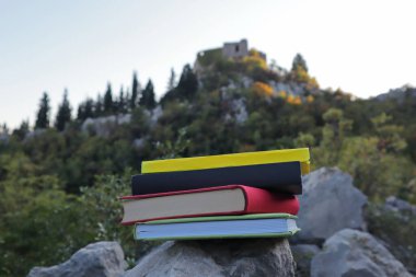 Taş duvardaki kitaplar. 