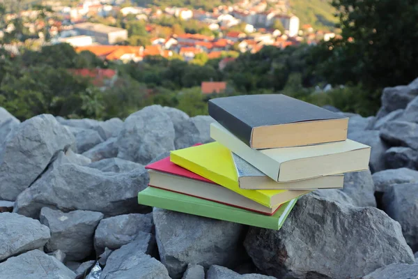 Taş duvardaki kitaplar. 