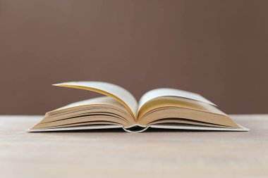 Ahşap zemin üzerine açık bir kitap. Metin için boşluk