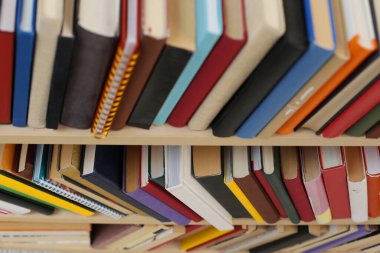 Kütüphanedeki rafta kitap yığını