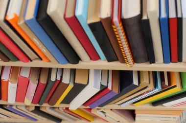 Kütüphanedeki rafta kitap yığını