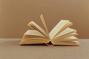 Parlak yeşil bir duvarın arka planına karşı ahşap bir masada açık bir kitap