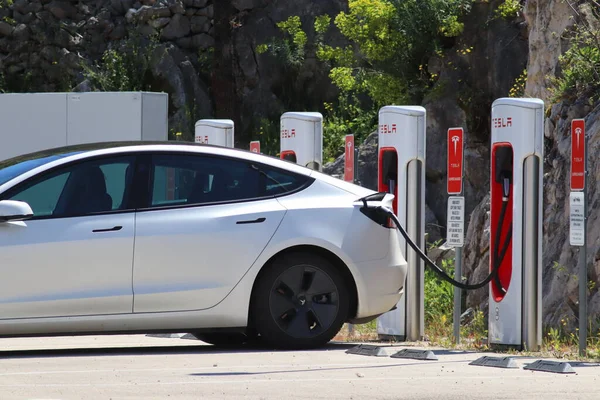 stock image Vrgorac, croatia, 03.05.2023.Tesla car at the charging station