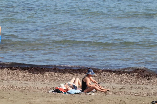 Split Κροατία 2023 Κορίτσι Σκύλο Στην Παραλία Την Ηλιόλουστη Μέρα — Φωτογραφία Αρχείου
