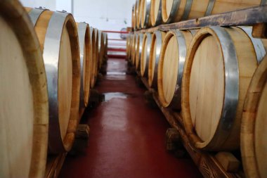 Şarap mahzeninde kırmızı fıçılar