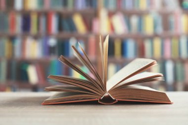 Kütüphanenin önündeki ahşap masada açık bir kitap