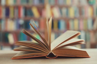 Odanın ahşap masasında açık bir kitap.