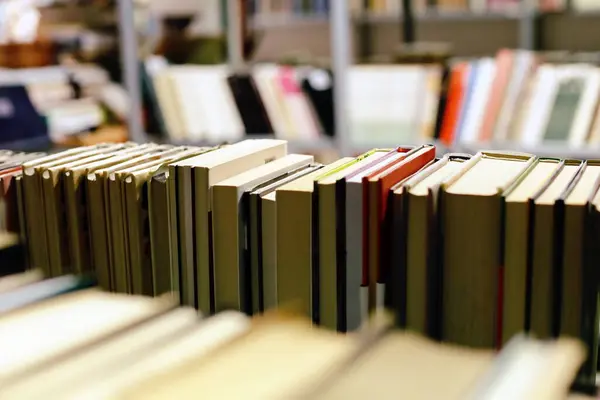 在图书馆背景前的木制桌子上堆积成堆的书 复印空间 图库照片