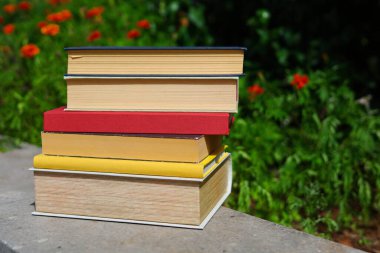 Ahşap rafta bir yığın kitap.