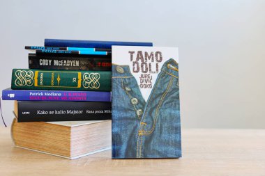 Makarska, Hırvatistan, 27.07.2024. Ünlü yazarların kitapları: Jure Divich, Mihail Bulgakov, Patrik Modiano, Cody McFadyen, William Shakespeare, Fyodor Mihajlovic Dostoyevski, Ernest Hemingway, W. Faulkner, ahşap bir masa üzerindeki kitaplar, ai