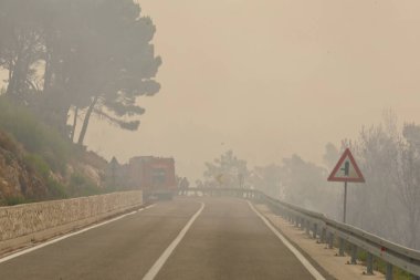 Tucepi, Hırvatistan, 31,07.2024. Büyük bir orman yangınında, Hırvatistan kıyısındaki evlerin yakınında, deniz kıyısındaki bir turizm beldesinde, yol kenarında bir yangın ile birlikte bir orman yandı.