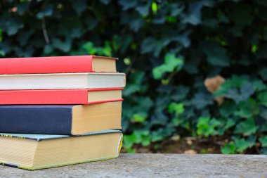 Bahçedeki yeşil arka planda kitaplar ve kırmızı kapak.