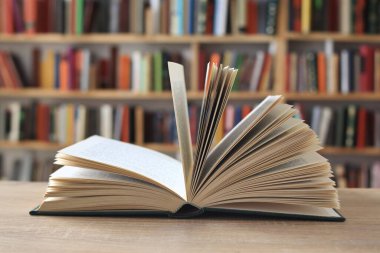 Masanın üzerinde açık bir kitap, açık sayfaları olan bir kitap, okuldaki raflarda duran kitaplar, ahşap masanın üzerinde açık bir kitap. Okul konseptine geri dönüş, yüksek kaliteli kitap fotoğrafçılığı, en iyi kitap fotoğrafı, en ünlü Alman yazarlar, Almanya