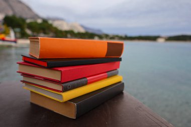 Denizin önündeki ahşap masada yığınla kitap. eğitim ve okuma