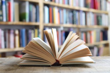 Kitaplar kütüphanedeki ahşap masada.