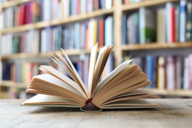 Tahta masadaki kitap yığını.