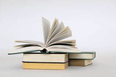 Beyaz arka plan üzerine açık bir kitap, açık sayfalı bir kitap, kapatma, okulda rafta duran kitaplar, ahşap masa üzerine açık bir kitap. Okul konseptine geri dönüş, yüksek kaliteli kitap fotoğrafçılığı, en iyi kitap fotoğrafı, en ünlü Alman yazarlar, Almanya