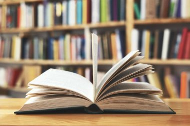  Eğitim ve okul kavramına geri dönüş. Açık sayfalı kitap, kapatma, okul raflarında kitaplar, ahşap masa üzerinde açık kitap. Okul konseptine geri dönüş, yüksek kaliteli kitap fotoğrafçılığı, en iyi kitap fotoğrafı, en ünlü Alman yazarlar, Almanya