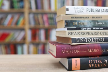 Vrgorac, Hırvatistan, 29,03,2025. Üniversite kütüphanesinde elinde kitap tutan genç bir öğrenci, kütüphanede kitap okuyor.