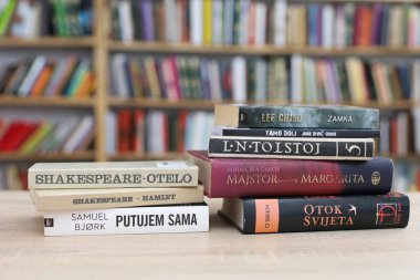 Vrgorac, Hırvatistan, 29,03,2025. Üniversite kütüphanesinde elinde kitap tutan genç bir öğrenci, kütüphanede kitap okuyor.