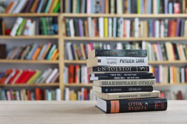 Vrgorac, Hırvatistan, 09.04.2025. Kütüphanedeki ünlü dünya yazarlarının kitapları, edebiyat, romanlar, kısa hikayeler, şiir, makale, şehirdeki kitap yığını, okul kitapları, öğretmenlik, okul programı, öğretim yılı, okul yılı, sınıf, 