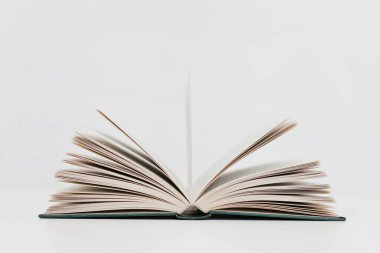 Tahta bir masanın üzerinde açık bir kitap. eğitim kavramı.