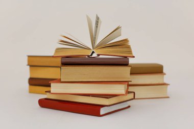 Beyaz arkaplan üzerine kitap yığını