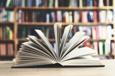 Tahta masanın üzerinde kitaplar olan defteri aç