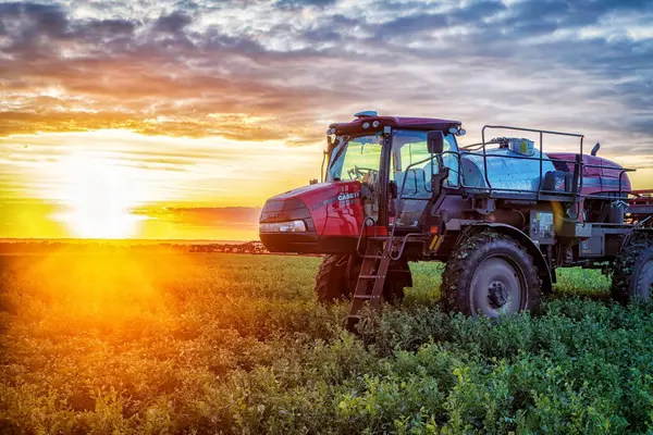 tarım traktörü gün batımında tarlada çalışıyor.