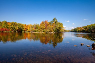 Wisconsin Nehri 'ndeki renkli bir ormanın yansıması, yatay.