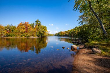 Wisconsin Nehri 'ndeki renkli bir ormanın yansıması, yatay.
