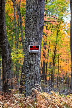 No hunting sign nailed to a tree in a Wisconsin forest, vertical clipart