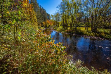 Renkli Wisconsin ormanı. Nehir ve mavi gökyüzü Ekim ayı başlarında, yatay.