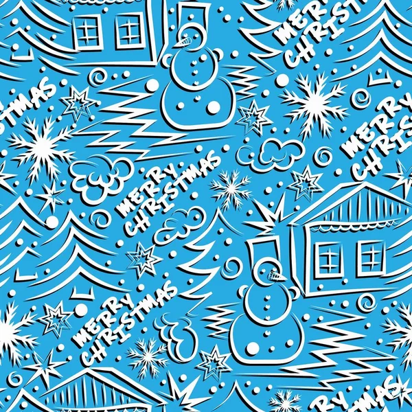 冬のモチーフとメリークリスマスのレタリングとシームレスベクトルの壁紙 新年の背景画像 — ストックベクタ