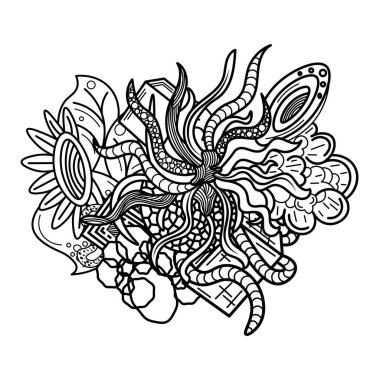 black and white coloring page with imaginary plants and objects. anti-stress coloring page