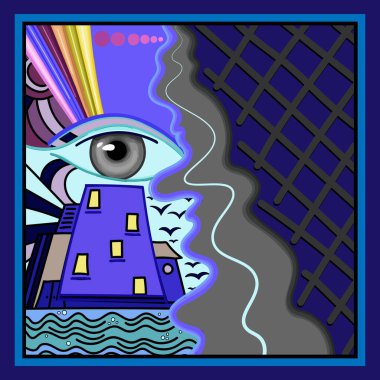 Gözlü, evli ve kuşlu soyut vektör çizimi. parlak sıradışı desen