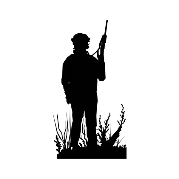 草の間の空を背景に武器を持った誇り高い兵士 孤立したベクトル図 — ストックベクタ