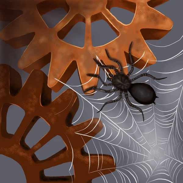 illustration of the flow of time with gears, spider and web