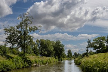 Bata 'nın Morava bölgesi ile Slovakya arasında inşa ettiği kanal. Güzergahı çevreleyen güzel yeşillikler, ağaçlar, çalılar, çimenler ve çiçekler. Beyaz bulutlu mavi gökyüzü. Bata Kanalı, Çek ve Slovakya Cumhuriyeti
