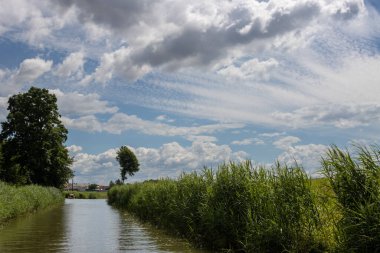 Bata 'nın Morava bölgesi ile Slovakya arasında inşa ettiği kanal. Güzergahı çevreleyen güzel yeşillikler, ağaçlar, çalılar, çimenler ve çiçekler. Beyaz bulutlu mavi gökyüzü. Bata Kanalı, Çek ve Slovakya Cumhuriyeti