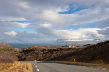 Ülke liken, çalı ve otlarla kaplı. Ünlü büyük göl Thingvallavatn. Arka planda karla kaplı dağlar. Bulutlu gökyüzü. Onefndur vegur, İzlanda.