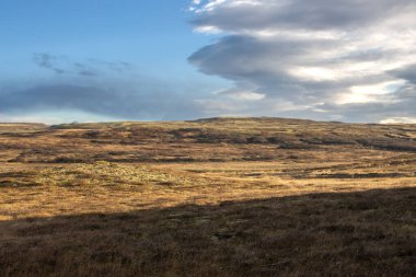 Country with meadows, fields or pastures, dry in the autumn. Horizon in the background. Blue sky with white clouds. Laugardvatnsvegur, south-middle part of Iceland.