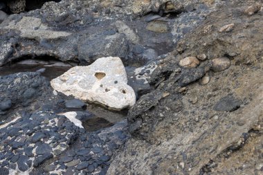 Coast of the Atlantic ocean, with stones and rocks of various shapes. Beauty of the dark grey to black color of them in contrast with white. Playa de las Hermosas, Fuerteventura, Canary Islands, Spain