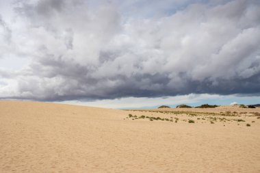 Doğal parkın bir parçası olarak eşsiz bir Avrupa çölü. Kış mevsiminde kum tepelerinin üzerinde fırtına bulutları. Corralejo, Fuerteventura, Kanarya Adaları, İspanya.
