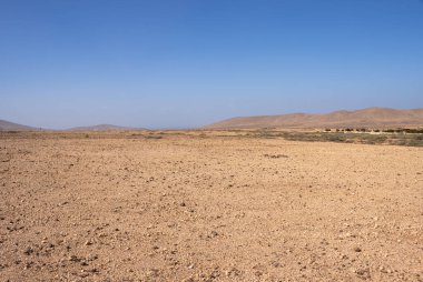 Çölün taşları ve kayaları, adanın merkezinde yer alıyor. Güneş ışığındaki sarı renk. Arka plandaki dağ. Beyaz bulutlu mavi gökyüzü. Almacigo, Fuerteventura, Kanarya Adası.